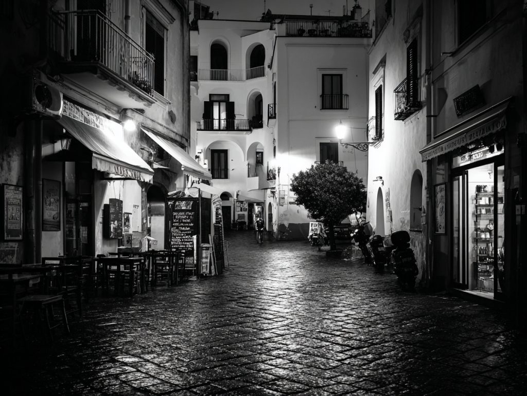 Calle en la costa amalfitana con estética noir como en la serie Ripley
